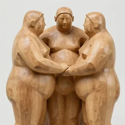 detail of abstract wood sculpture of three fat people caressing