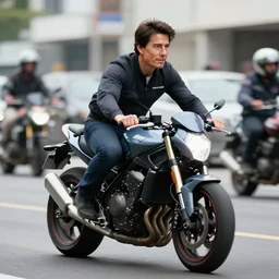 a photo of tom cruise riding a motorbike on a busy street from the movie mission impossible, gopro, selfie view, editorial, cinematic, detailed composition, ray tracing, 4 k, editorial