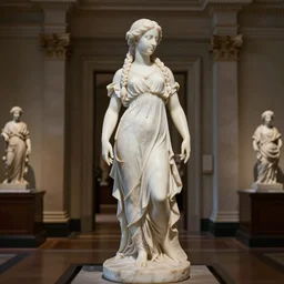 a beautiful, smooth marble statue masterpiece of a daughter of the moon clan, with long, braided hair. standing in an old museum. full body photo. highly detailed, sharpness. victorian dress. hyper realistic. dramatic lighting. lightbox. keylight.