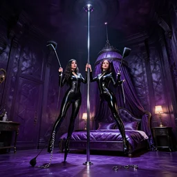 high definition interior photographs tall ceilings, purple leather dungeon bedroom, blade runner 2 0 4 9, chrome dance pole, latex outfits, whips, floggers, chains, handcuffs king size canopy bed, interior set cinematic lighting,
