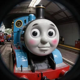 creepy found footage of Thomas the tank engine with a pleading face blush super close up zoom fish eye staring into your soul terrifying backrooms horror