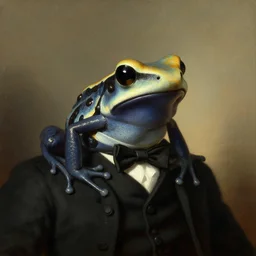 a head - and - shoulders portrait painting of an amazon milk frog wearing a black buttoned waistcoat ( ( ( ( ( ( ( ( ( ( bow tie ) ) ) ) ) ) ) ) ) ), a portrait painting by john trumbull, trending on artstation, american romanticism