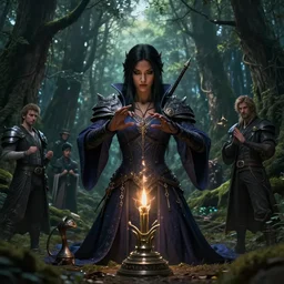 a fancy illustrated portrait of a beautiful dark mage performing a ritual deep in a forest by Greg Rutkowski, Sung Choi, Mitchell Mohrhauser, Maciej Kuciara, Johnson Ting, Maxim Verehin, Peter Konig, final fantasy , mythical, 8k photorealistic, cinematic lighting, HD, high details, atmospheric,