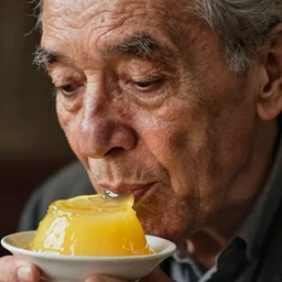 closeup headshot photo of the old man passionately tasting the best lemon pudding, detailed face details