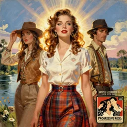 pulp art, artwork by Joseph Leyendecker and Robert McGinnis and Alfred Henry Maurer, 3d octane blender render, Hipple and boho fashion 1970s, nature sky river, pin up girl, progressive rock album cover