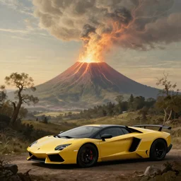 a volcano seething, ethereal landscape, lamborgini, claude lorrain pastoral landscape