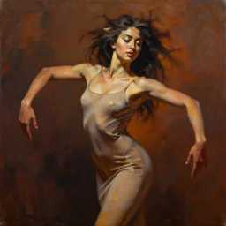 detailed full body portrait in daring femininity, ethnic, realistic face sculpted features, statuesque dancer, simple one piece form fitting dress, tousled hair, warm cast, bathed in light, chiaroscuro, embellished accents, cinematic lighting, specular highlights, angular impressionism, radiant, deep rich tones, contemporary art, oil on canvas