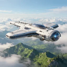 A big science-fiction futuristic spaceship flies above green mountains and a sea of clouds in the sky in summer, Greg Rutkowski, James Gunery, John Howe, unreal engine art station