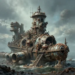 airbrushed sea machine in dystopian sludge pipes by fatberg alex ross, simon bisley, kelly freas fine art masterpiece baked at 3 0 0 f, matte painting, cold lighting, aged with sunlight, award winning horror, photorealistic render, cinematic
