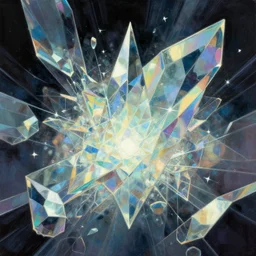 an epic fantastic realism comic book style painting of glassine fractal dichroic shard geometry low poly dreamland, dynamic lighting