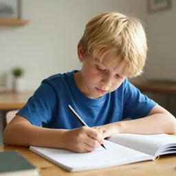 boy with blonde hair doing homework