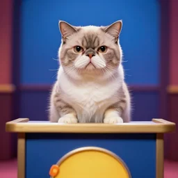 gumpy cat standing behind a jeopardy contestant podium, set photo
