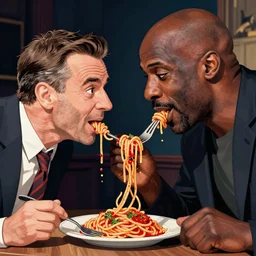 vin diesel and mr bean sharing spaghetti, fantasy art, matte painting, sharp focus, vibrant colors, high contrast, illustration, art by justin gerard