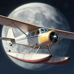 a seaplane flying to the moon, porco rosso style, intricate, highly detailed, soft illumination, digital painting, artstation, concept art, smooth, sharp focus, illustration, cinematic, vfx, 4 k