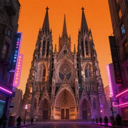 a modern gothic cathedral in an ancient city by simon stalenhag and josan gonzalez, cyberpunk, vibrant, neon signs, high contrast, orange lit sky