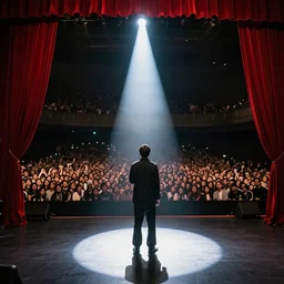 a lone singer on stage, with spotlight beam, huge crowd in audience, facing stage, zoom lens, ultra realistic, artstation, red curtains, dramatic lighting, album
