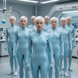 troop of identical athletic humans with white hair wearing tight light blue latex suits, in formation, futuristic chemistry lab, sci - fi, highly detailed, hyperrealistic