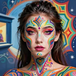 a beautiful girl wearing colourful face paint surrounded by bright intricate patterns, painted by edward hopper, wayne barlowe, painted by james gilleard, airbrush, art by jamesjean