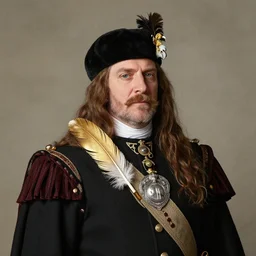 a portrait of a Scottish laird, wearing a balmoral with a golden eagle feather.