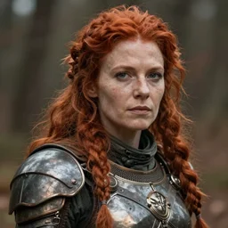 a rustic woman wearing futuristic armor, detailed face, redhead, by gutty kreum