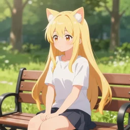 3 d photo of an anime girl with cat ears and long blond hair looking to her side sitting on a bench with a park behind her bokeh shader anime