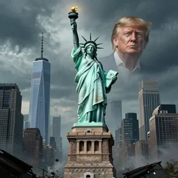 Donald Trump destroying our democracy and the Statue of Liberty in Manhattan, post apocalyptic New York, craig mullins, dramatic lighting, very detailed