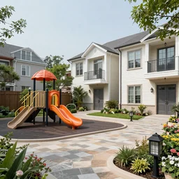 A yard with a playground and paneled five-story buildings