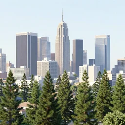 los angeles as a vertical city with lots of pine trees