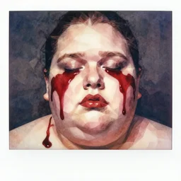 watercolor low poly, a liquid dark red portrait of a fat face melt down flow go runny, face painted with dark red thick fluid by marlene dumas, low poly, realistic detailed watercolor polaroid, grainy image, contrast
