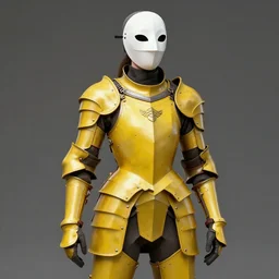 female adventurer in tight full - body canary color gambeson leather armor of italian design and a white porcelain crow mask, trending in artstation, establishing shot