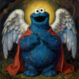 holy cookie monster deity, by hieronymus bosch, by ismail inceoglu, fine art, gouache paint, angelic, occult