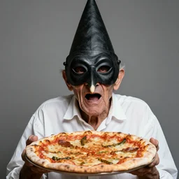 portrait photo of an old wrinkled man, skinny face, bony face, long crooked nose, large gaping mouth, black pulcinella mask, masquerade mask, pointy conical hat, white wrinkled shirt, holding up a pizza, presenting a large pizza, close - up, skin blemishes, menacing, intimidating, masterpiece by paola agosti