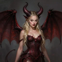 Margot Robbie as a Demon in hell, hell, bat wings, cute, fantasy, intricate, elegant, highly detailed, digital painting, 4k, HDR, concept art, smooth, sharp focus, illustration, art by artgerm and H R Giger and alphonse mucha