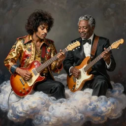 photorealistic painting of jimi hendrix and b. b king, with very highly detailed face, jamming with electric guitars, sitting on fluffy clouds. realism, beautiful, dramatic by grant wood, johannes vermeer and leonardo da vinci