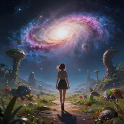 a woman walking on a alien planet with alien plants and a giant galaxy appearing in the sky, digital art, anime style, 8K HDR, octane render, unreal engine 5, path tracing, breathtaking landscape, cinematic lighting, trending on Artstation, high quality, highly detailed, trending on DeviantArt, concept art
