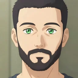beautiful anime of bold head with short beard and green eyes, little hairs, by sherree valentine daines, peter mohrbacher, alice neel, donato giancola, mike winkelmann, laurie greasley. trending on artstation, 8 k, masterpiece, graffiti, fine detail, full of color, intricate detail, golden ratio illustration, face detail