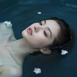 portrait of a beautiful girl + anya taylor - joy floating under the deep dream water, beautiful smooth soft light + white petal, by personal photography, art by brookskim, closeup, 4 k, highly detailed, instagram,