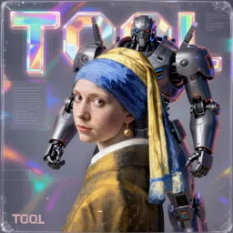 Vermeer photographed photorealistic vfx movie cyberpunk aesthetic TOOL album holographic cover art of a giant mech warrior. 3D octane.