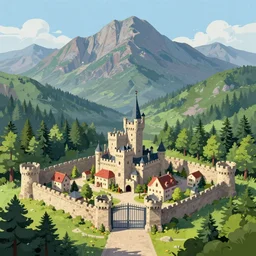 digital painting of a small castle town closed off by large metal gate, border, behind a forest, large mountains in back, vector art, high detail, warm lighting, vivid, beautiful, trending on artstation, by Jordan grimmer, no focus, huge scene, grass