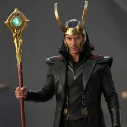 film still of Samuel L Jackson as Loki, wearing Loki Helmet, wielding a powerful magical staff, in new Avengers film