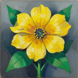 a painting of a yellow flower with green leaves, an acrylic painting by umberto boccioni, trending on gallery, cubo - futurism, oil on canvas, high detail, painterly