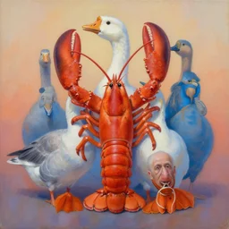 painting of combination between lobster body & goose head, intercrossed animal, by corine perier, by ellen jewett, by ronald ong, by arne olav gurvin fredriksen cold hue's, warm tone gradient background, beautiful composition, digital painting