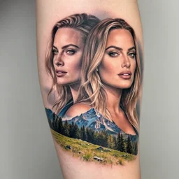 creative double exposure effect tattoo design sketch of margot and beautiful mountains and nature, margot robbie, mountain scenery, realism tattoo, in the style of matteo pasqualin, amazing detail, sharp