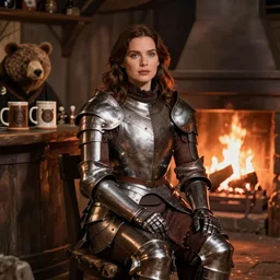 kate beckinsale weared in full plate armor, sit in fantasy tavern near fireplace, behind bar deck with bear mugs, medieval dnd,  by Frank Frazetta, 4k