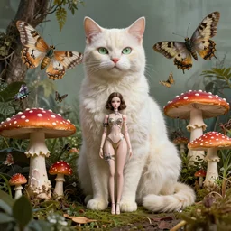 a giant cat and a beautiful super dollfie, bjd, biopunk, solarpunk, feminine curves, giant mushrooms, fly agaric, giant moths, plants, surreal, dan mumford, beeple, artgerm, fashion magazine, vogue, harper's bazaar art, id magazine, intricate, 8 k render in octane, sharp focus