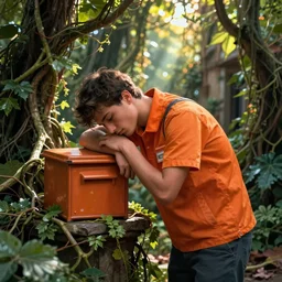 a young man is working as a postman. he is tired and his clothes are orange. overgrown city of vines.