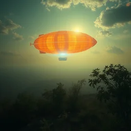 , octane, 8 k photorealistic, de - noise, 8 k, high quality, volumetric lighting, scattered, mist, glow 3 d, nikon d 1 8 0, bokeh, focal 2 4 mm, light neon very detailed, beautiful a zeppelin solarpunk, in the sky sunshine in tne landscape
