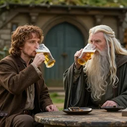 frodo ( [ [ [ elijah wood ] ] ] ), galadriel ( [ [ [ cate blanchett ] ] ] ) and gandalf ( [ [ [ ian mckellen ] ] ] ) are drinking beer in the new hobbit movie