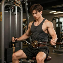 a gigachad using a steampunk gym machine, professional photography