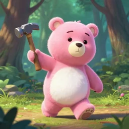 pink chocolate teddy bear walking in a forest in the croods movie style, holding a hammer!!! large & white, anime, disney, pixar, 8 k, hd, dof, kodak film, volumetric lighting, subsurface scattering, photorealistic, octane render, details